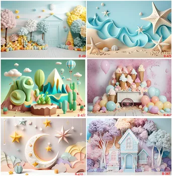3D Сцена, Декор, рожден Ден, Цветя, Дървета, Звезди, Луна, Фонове за сладолед, Аксесоари за фотосесия, Банер за торта