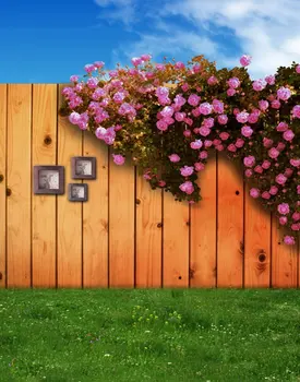 5x7ft Дървена Стена Розови Цветя Трева Снимки на Декори, Реквизит За Снимки Студиен Фон