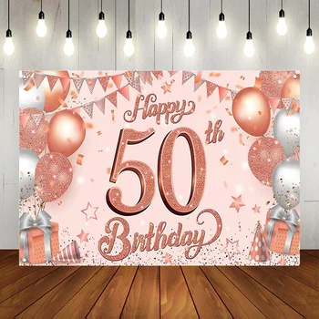 Банер за парти с 50-годишнината, Тапети декорации, Златисто-розов балон, подарък на Мъж, на Жена, на Фона на снимка на годишнина на плакат