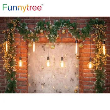Весела Коледно парти Funnytree Зимни Фонови светлини Клони банери на Нова година на Златни Звънчета Фон за фотосесия в тухлена стена