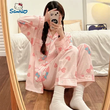 Дамски пижами Sanrio My Melody, пролетно-есенна жилетка от млечен коприна с анимационни герои, лацканы, удобна и приятна домашна облекло