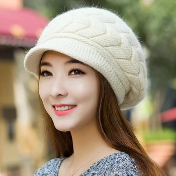 Дамски шапки зимата на топло вязаная капачка Зайо на косата двоен слой плюс кадифена шапка козирка шапки за жени Ежедневни