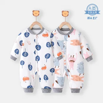 Есенно-зимни памучни дрехи за новородени Jenny & Dave, Малко чудовище, удебелена памучни дрехи за момчета и момичета, с кръгло деколте, едно парче