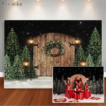 Зимният Коледен фон Ретро Кафява Дървена Врата Украса във формата на Снежинки, Звездното Небе Фотосесия Подпори за фотосесия на Фона на Студийната кабина