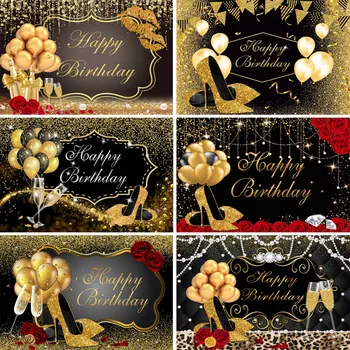 Златна Блестящ Фон за парти честит Рожден Ден, Високи Токчета, Декор от балони с шампанско, Потребителски Банер, на Фона на снимка Чудесни Жени