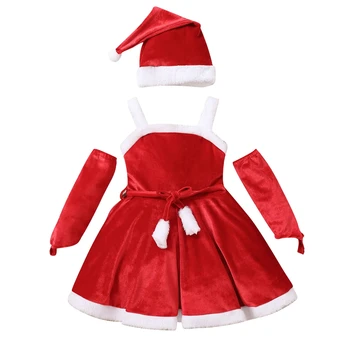 Коледен костюм на дядо коледа за малки момичета, без ръкави рокля с колан + Ръкавици + Комплект шапки от 1 до 6 години