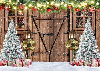 Коледен фон за снимки, Зимна селски фон за дървена врата на бараката, Коледно дърво, Стоки за сняг, банер за партита, за фон за снимка