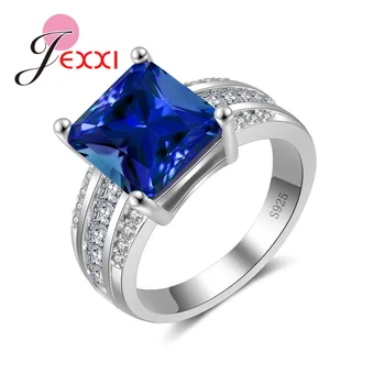 Луксозни Квадратни Сини пръстени от австрийския кристал, подарък за годишнина, женски годежен пръстен от сребро 925 проба с цирконии
