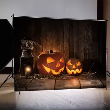 ЛУНАТА.QG Background Halloween Party Дървена дъска за стените и пода, Фенер-крик, Лампа за свещи, Паяжини, Фотобудка