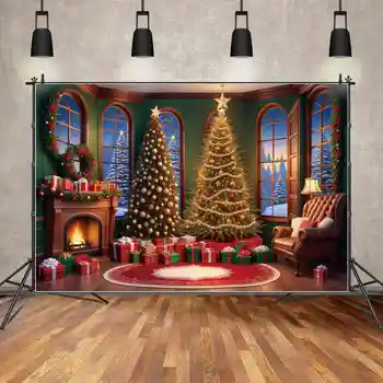 ЛУНАТА.QG Background Орнаменти Коледен фон за снимки Сводести прозорци Камина Дървета Подарък парти Снежна гора студиен подпори