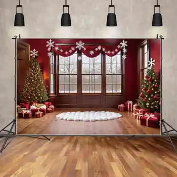 ЛУНАТА.QG Фон Коледна домашно студио за снимане по време на парти, декорация, подарък за елха, снежинка, венец, дървени подпори за прозорци