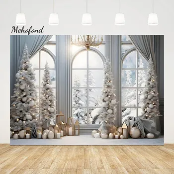 Мехофонд Зимата Коледен фон за стая само че замръзнал борова гора, прозорец, интериор под формата на свещички, фонова снимка, детска семейна фотография студио