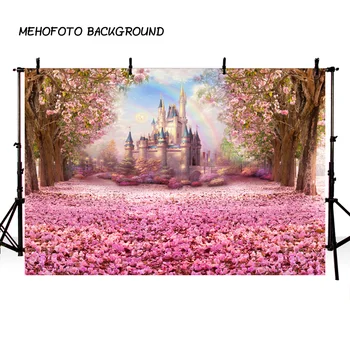 Приказен замък, Черешово-розови цветя, детски фон, фон за снимки, Пролетна дъга, Замък на принцеси, фонове, за снимки