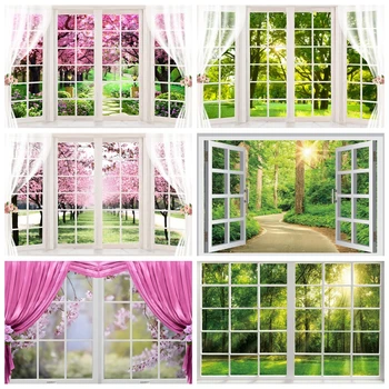 Пролетта прозорец Горска сцена Фон Зелени дървета, Цветя за Рожден Ден, Сватбена фотография Фон Декор, Реквизит за фото студио