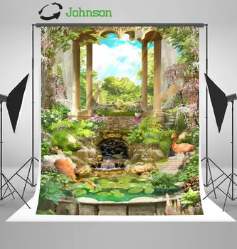 Реколта арка с цветя, беседка, езерце с фламинго, водопад, градински произход от полиэстеровой или винил плат, компютърен фон за стените с принтом