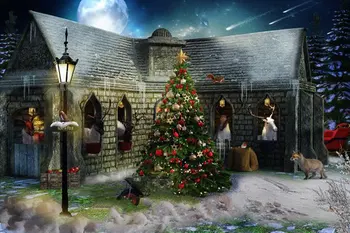 Сани Стабилни Дядо Коледа Елен елха къщичка на светъл фон деца детски фон