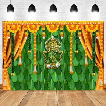 Традиционен Фон Индийски Пуджа Невен Зелен Бананов Лист На Фона На Фестивала Чатия Ганеш Пуджа Ганпати Декор На Сватбени Партита