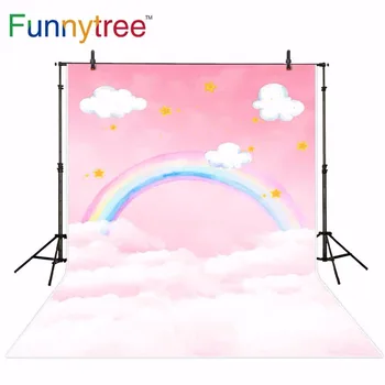 Фон Funnytree за фото студио дъга розово небе облак звезди снимка фон за душата на детето photobooth photocall