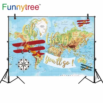 Фон Funnytree фотографско студио карта на света на тема пътуване със самолет парти по случай рождения ден на индивидуален фон за снимки фотозона фотофон